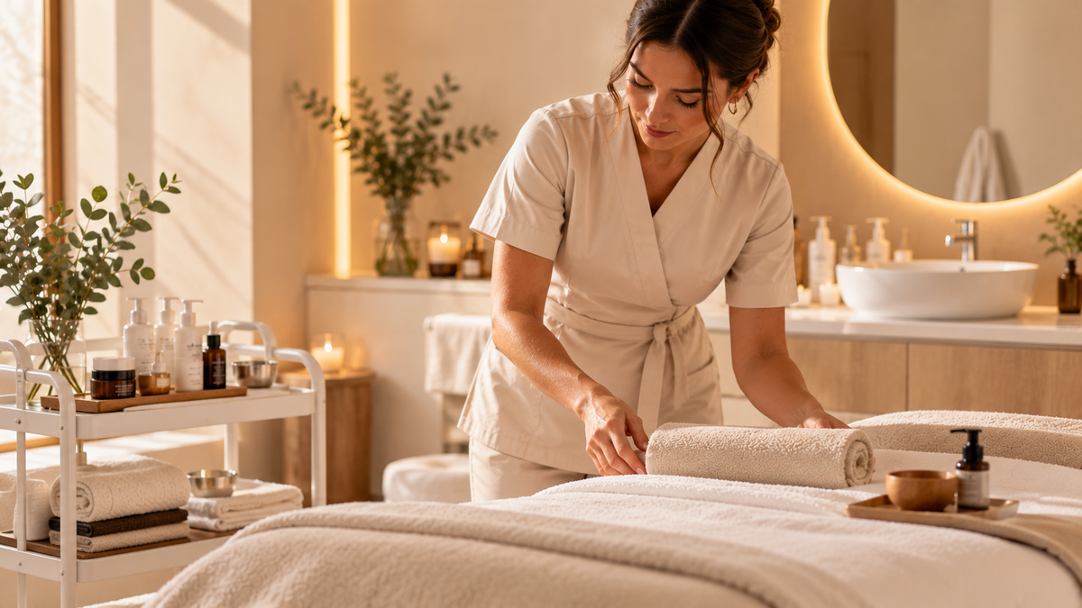 Esteticista profesional preparando una sesión de cuidado corporal en una cabina elegante